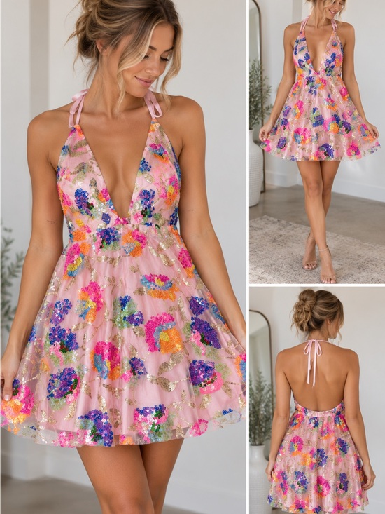 Dresses & Skirts - Pink Floral Sequin Halter Mini Dress